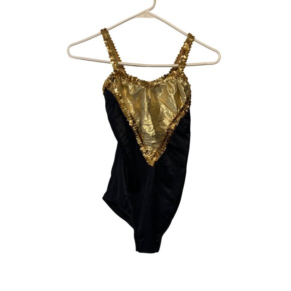 Adult Large 1 piece Bodysuit Leotard Black Gold Sequined Sleeveless Sparkle Blin - Picture 1 of 4